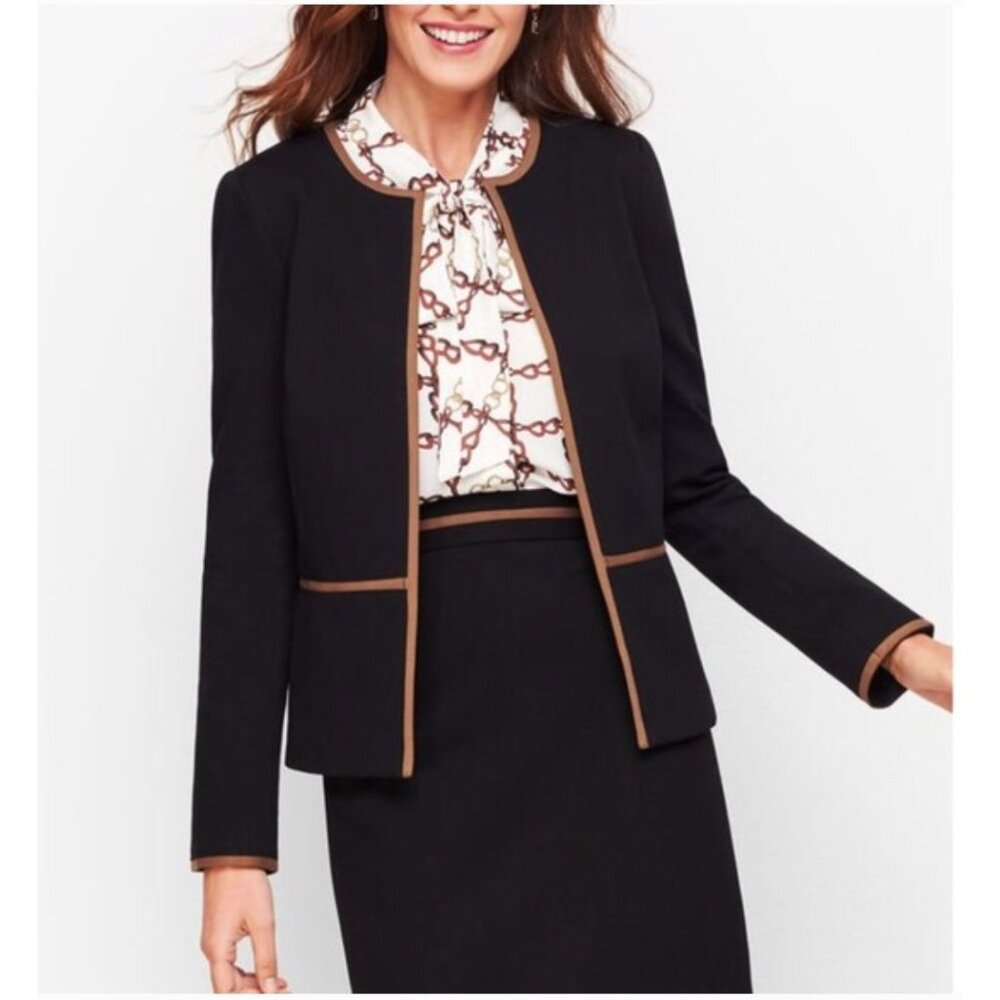 Talbots Blazer Jacket Womens 2 Black Brown Open Front Quiet Luxury Old Money